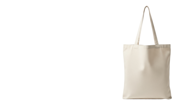 A pristine, empty light beige natural cotton canvas tote bag stands upright against a seamless transparent studio background with soft lighting, concept of untapped potential - Powered by Adobe