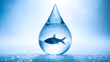 Fototapeta premium Fish Silhouette Inside a Frozen Water Drop on a Blue Surface