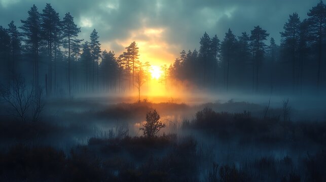 Golden Sunrise Over Misty Swamp Forest  Dramatic Landscape with Natures Beauty.