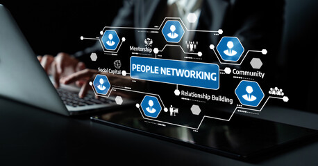 Fototapeta premium A professional setting showcasing digital networking icons, highlighting the importance of community and mentorship in fostering relationships and collaboration in business environments. Tessel