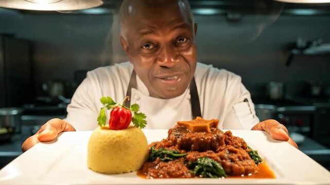 Chef presents delicious african cuisine with passion and precision in vibrant kitchen scene