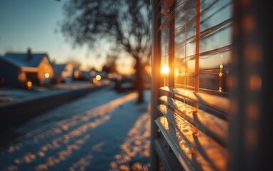 Golden Sunrise through Blinds Winter Suburban View with Snow and Street.
