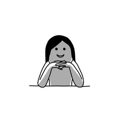 A simple hand-drawn illustration of a happy woman with clasped hands, a minimalist black and white character sketch