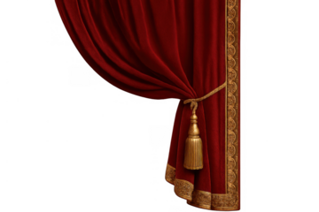 Red velvet theater curtain with gold trim, tie-back, and tassel, a luxurious decor element with transparent background