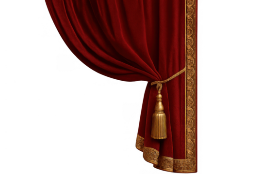 Red velvet theater curtain with gold trim, tie-back, and tassel, a luxurious decor element with transparent background - Powered by Adobe