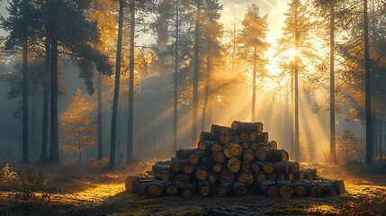 Golden Sunrise Through Forest with Logs Stacked Beautiful Sunlight, and Environmental.