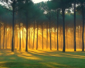 Golden Sunrise Through Forest Trees  Peaceful Nature Landscape with Sunlight.