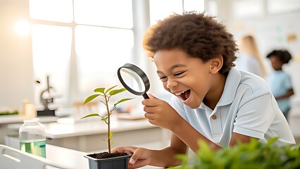 Excited Young Boy Examining Plant Through a Magnifying Glass