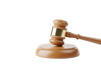 Pristine traditional wooden judge's gavel with polished brass band and matching sound block on a transparent seamless studio background, representing legal authority and decisive action