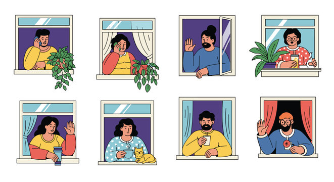 Isolated neighbors communicating from home during quarantine, friendly greetings and social distancing depicted in modern graphic style, togetherness