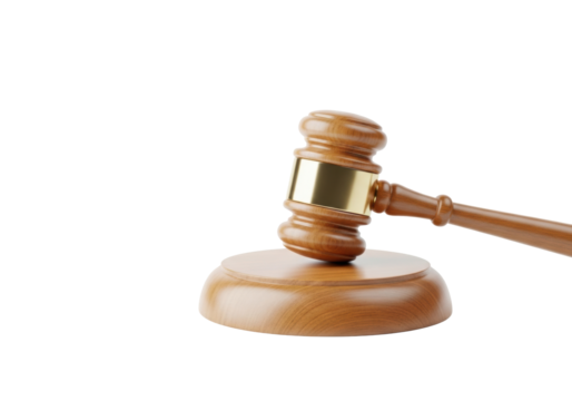 Pristine traditional wooden judge's gavel with polished brass band and matching sound block on a transparent seamless studio background, representing legal authority and decisive action