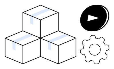 Stacked boxes, a gear for process or mechanism, and a play button for action, tech startup themes. Ideal for logistics, automation, efficiency, productivity, workflow e-commerce simple flat