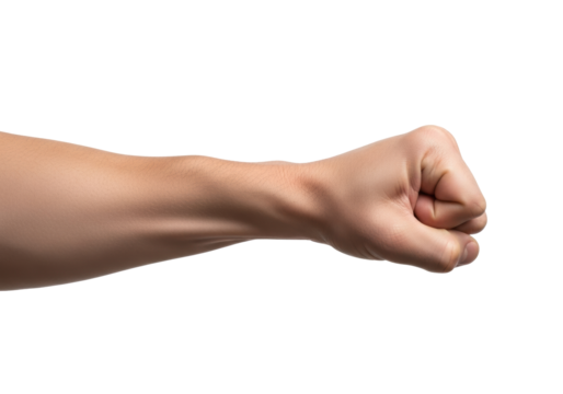 A powerful, clean, well-defined muscular male arm with a tightly-clenched fist, no jewelry, against a transparent, isolated background. Concept of unwavering resolve