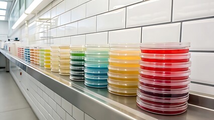 Colorful Petri Dishes Neatly Stacked on a Laboratory Shelf