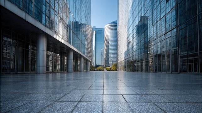 Modern city square bordered by tall glass skyscrapers