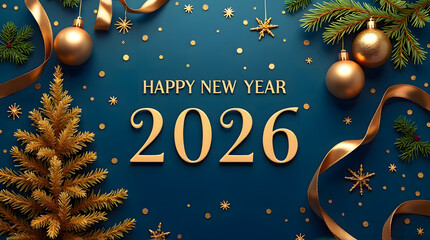 Fototapeta premium Gold Ornaments, Pine, and Ribbon Border for 2026 Events