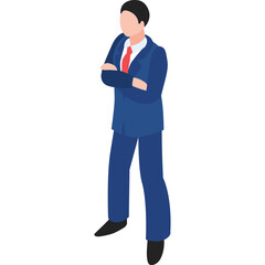 Professional Man Standing Confidently with Arms Crossed Wearing a Blue Suit Red Tie and White Shirt Isolated on Transparent Background Isometric View