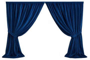 Blue velvet theater stage curtains opening, elegant drapes revealing a space, luxurious fabric decoration on transparent background