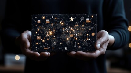A person's hands hold a dark rectangular object displaying a glowing world map with digital icons and connecting lines.