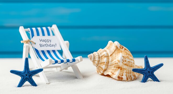 Happy birthday tropical beach scene with miniature deck chair