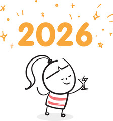 (2026, celebrate)  hand drawn lady icons. Vector illustration.	