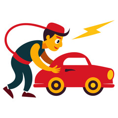 Retro Cartoon Mechanic Fixing Car with Motion Lines