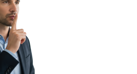 Professional business person (30s-40s) in a dark blazer, making a "shhh" gesture, in a modern corporate office with soft, blurred background. Confidentiality and strategic communication concept