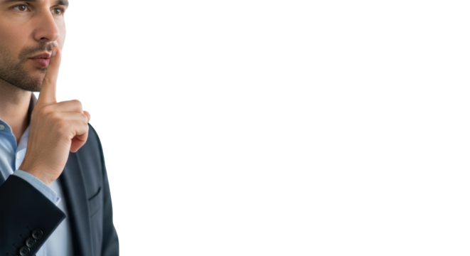 Professional business person (30s-40s) in a dark blazer, making a "shhh" gesture, in a modern corporate office with soft, blurred background. Confidentiality and strategic communication concept - Powered by Adobe