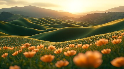 Golden Sunset Blooms Over Rolling Hills with Scenic Landscape, and Tranquil Nature Scene.