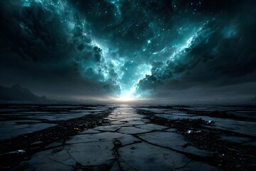 Fantastische Himmelsformation über düsterer zerbrochener Ebene 