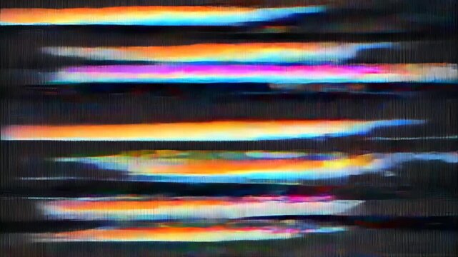 VHS tape glitch with flickering static, displaying heavy noise and distorted colors in an abstract visual representation