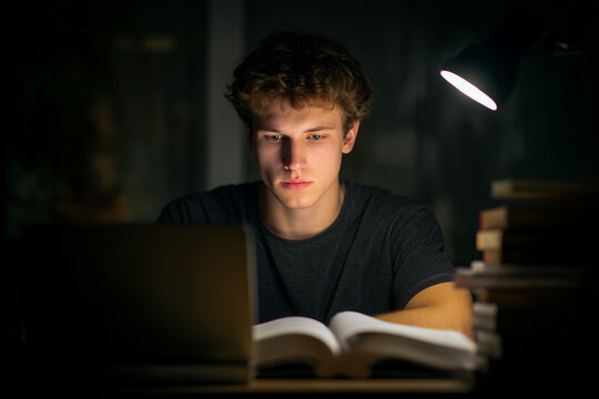 young male student studying late at night, illuminated by laptop screen and desk lamp, focused expression, messy desk with books and notes, cozy dark room
