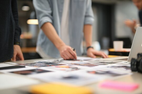 Designers collaborate on poster concepts and startup ideas in a modern workspace during a creative brainstorming session