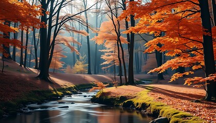 Beautiful autumn landscape reflection of colorful foliage and blue sky on the calm lake water in the city park
