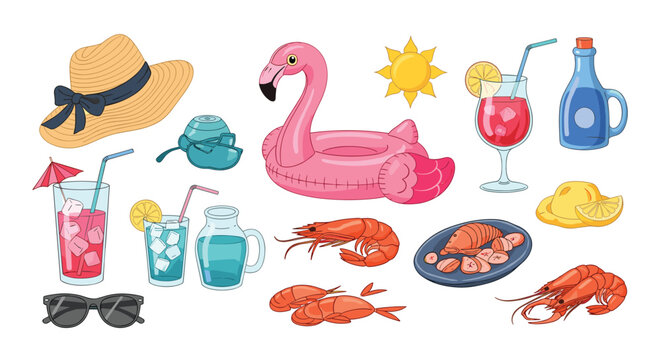 Get ready for summer fun with delicious shrimp, refreshing drinks, stylish sunglasses, and a flamingo floatie for pool parties and beach vacations