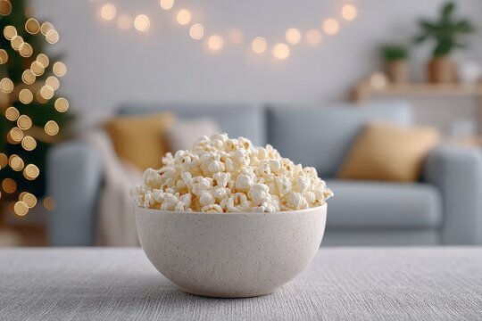 Cozy living room setup for movie night featuring a delicious bowl of popcorn and soft lighting for a warm atmosphere. National Popcorn Day - Powered by Adobe
