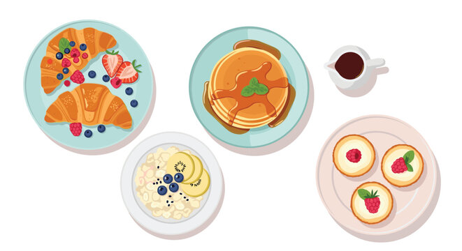 Indulge in a delightful breakfast spread featuring croissants, pancakes, oatmeal, and mini cheesecakes, perfect for a satisfying start to your day