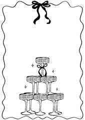 Hand drawn wedding ceremony illustrations. Italian style save the date posters and placards. Wine, champagne tower, coquette frame for party invitations, menus. Ink doodle sketch style. © Annie