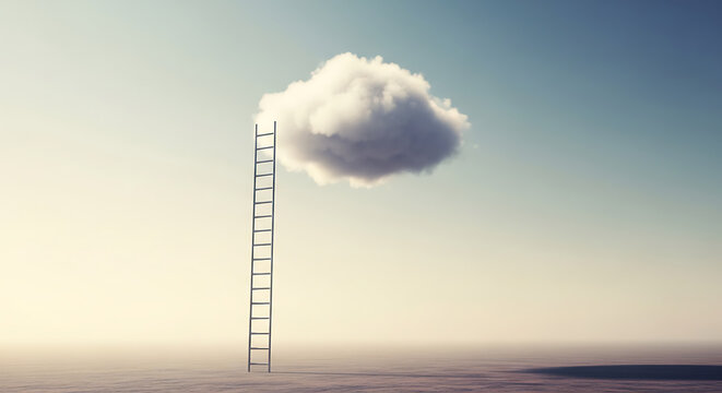 A ladder leans against a cloud in the sky, symbolizing aspiration and reaching for dreams