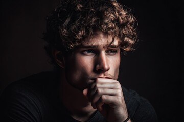 Young man in deep thought reflects on life choices during quiet evening at home