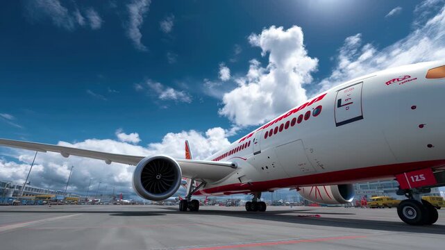 Commercial jet ready for takeoff under bright sky, promising travel and global connection, 4K
