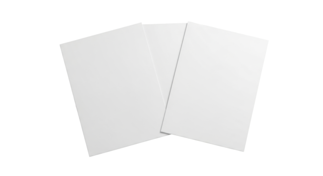 Two pristine, blank white A4 paper sheets, slightly overlapping on a seamless light grey background, captured with soft studio lighting. Concept of blank slate for new ideas
