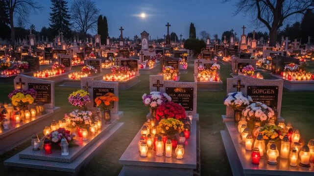 Cemetery with illuminated graves decorated with flowers and candles during twilight hours for a memorial event