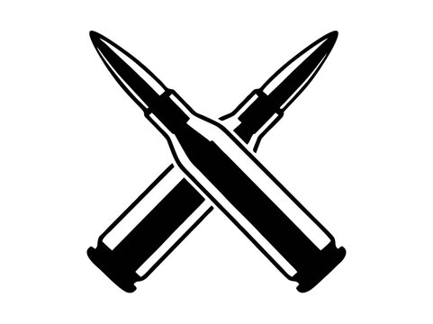 Vector Isolated Crossed Rifle Bullets Icon Ammunition Cartridge Silhouette. Rifle rounds vector emblem for military, hunting, shooting sports, tactical logo and firearm symbol. Colorless bw simple
