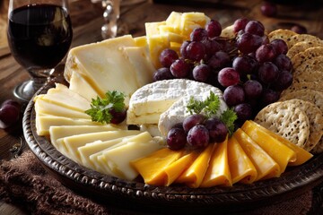 Elegant cheese platter featuring a variety of cheese slices, grapes, crackers, and a glass of wine, perfect for gatherings or special occasions at a dining table