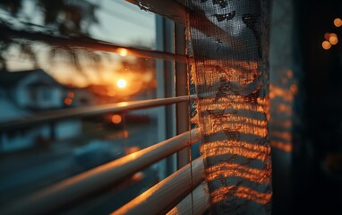 Golden Sunset Light Streaming Through Blinds with Evoking Peace  Serenity at Home.
