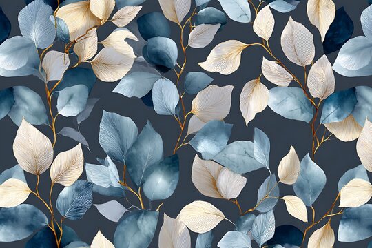 Seamless botanical pattern with golden line art of leaves