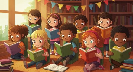 A Diverse Group of Children Joyfully Reading Books Together in a Library Setting Enhanced with