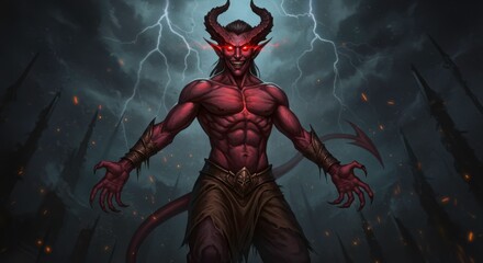 A menacing demon with horns and glowing eyes stands amidst a stormy landscape conjuring fear and