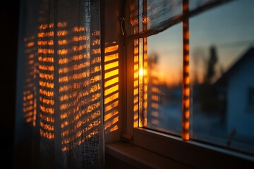 Golden Sunset Light Through Window Blinds Creates Warm Shadows on Curtain.